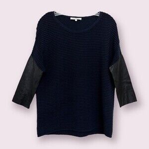 Sandro Paris Wool Sweater Ribbed Navy Black Leather Sleeves Womens Size Small